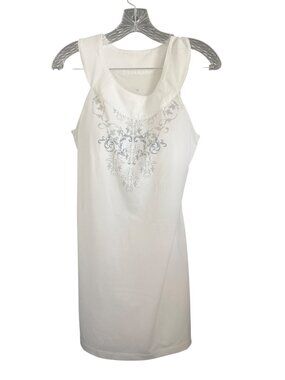 Sleeveless White Tank Top With Silver Floral Print Design Womens Size M